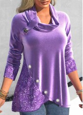 Light Purple Velvet Cowl Neck Long Sleeve Sweatshirt
