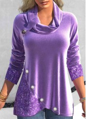 Light Purple Velvet Cowl Neck Long Sleeve Sweatshirt