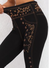 Ditsy Floral Print Black Elastic Waist Leggings
