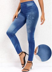 Butterfly Print Denim Blue Elastic Waist Leggings