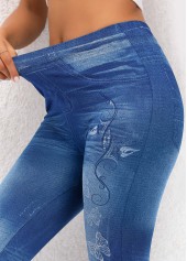Butterfly Print Denim Blue Elastic Waist Leggings