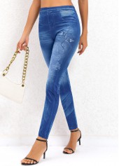 Butterfly Print Denim Blue Elastic Waist Leggings