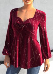 Wine Red Criss Cross Heart Collar T Shirt