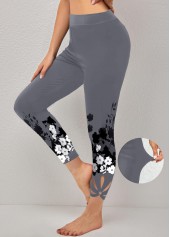 Plants Print Dark Grey Elastic Waist Leggings