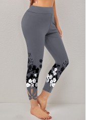 Plants Print Dark Grey Elastic Waist Leggings