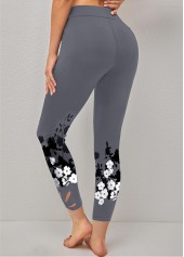 Plants Print Dark Grey Elastic Waist Leggings