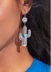 Cactus Design Metal Detail Silver Earrings