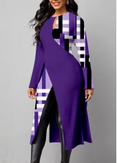 Plaid Split Purple Round Neck Long Sleeve Blouse