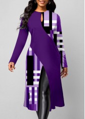 Plaid Split Purple Round Neck Long Sleeve Blouse