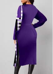 Plaid Split Purple Round Neck Long Sleeve Blouse