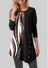 Leopard Round Neck Black Long Sleeve T Shirt