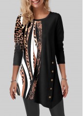 Leopard Round Neck Black Long Sleeve T Shirt