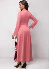 Geometric Print Patchwork Belted Pink Maxi Dress