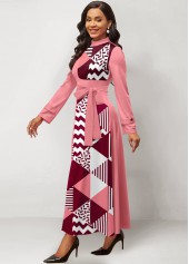 Geometric Print Patchwork Belted Pink Maxi Dress