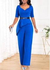 Ruffle Long Heart Collar Half Sleeve Blue Jumpsuit