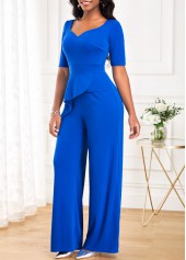 Ruffle Long Heart Collar Half Sleeve Blue Jumpsuit