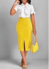 Yellow Tie Collar Short Sleeve Split Bodycon Dress