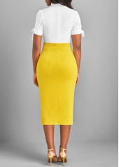 Yellow Tie Collar Short Sleeve Split Bodycon Dress