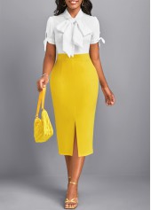 Yellow Tie Collar Short Sleeve Split Bodycon Dress