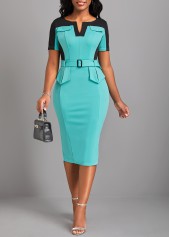 Split Belted Cyan Short Sleeve Bodycon Dress