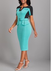 Split Belted Cyan Short Sleeve Bodycon Dress