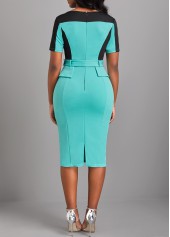 Split Belted Cyan Short Sleeve Bodycon Dress