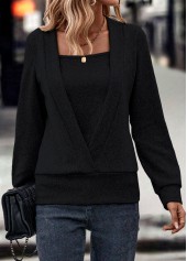 Fake 2in1 Square Neck Long Sleeve Black Sweatshirt