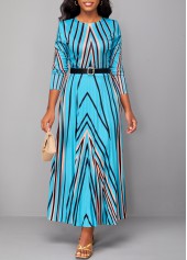 Geometric Print Pleated Light Blue Maxi Dress