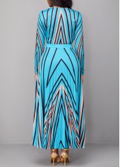 Geometric Print Pleated Light Blue Maxi Dress