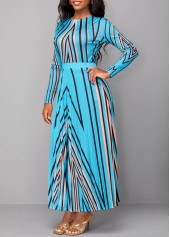 Geometric Print Pleated Light Blue Maxi Dress
