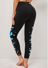 Butterfly Print Black Elastic Waist High Waisted Leggings