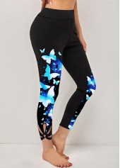 Butterfly Print Black Elastic Waist High Waisted Leggings