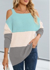 Split Multi Color Square Neck Cold Shoulder Sweater