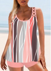 Geometric Print Criss Cross Pink Tankini Top-No Bottom