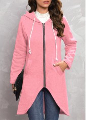 Zipper Hooded Long Sleeve Pink Coat