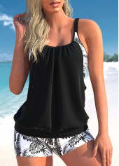 Leaf Print Fake 2in1 Black Tankini Set