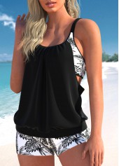 Leaf Print Fake 2in1 Black Tankini Set