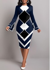 Geometric Print Contrast Binding Navy Bodycon Dress