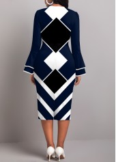 Geometric Print Contrast Binding Navy Bodycon Dress