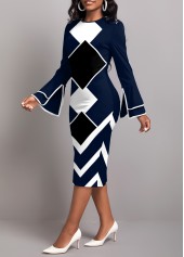 Geometric Print Contrast Binding Navy Bodycon Dress