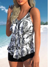 Leaf Print Layered White Tankini Set