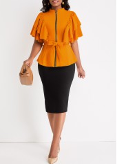 Two Piece Belted Ginger Stand Collar Suit