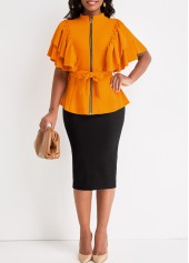 Two Piece Belted Ginger Stand Collar Suit