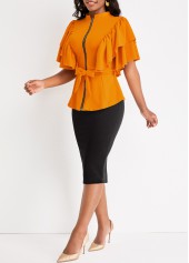 Two Piece Belted Ginger Stand Collar Suit