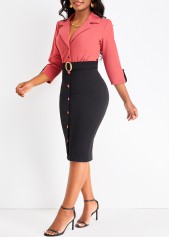Button Belted Brick Red Lapel Bodycon Dress
