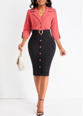 Button Belted Brick Red Lapel Bodycon Dress