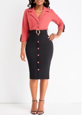 Button Belted Brick Red Lapel Bodycon Dress