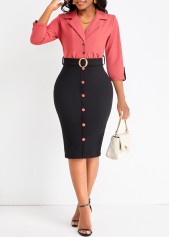 Button Belted Brick Red Lapel Bodycon Dress