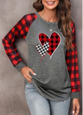 Plaid Round Neck Grey Long Sleeve T Shirt