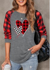 Plaid Round Neck Grey Long Sleeve T Shirt